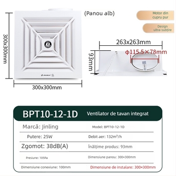 Golden Ling ventilator de evacuare încorporat în tavan, ultra-subțire, 300x300 mm, bucătărie și baie, model BPT10-12-1D, carcasă ABS, control mecanic