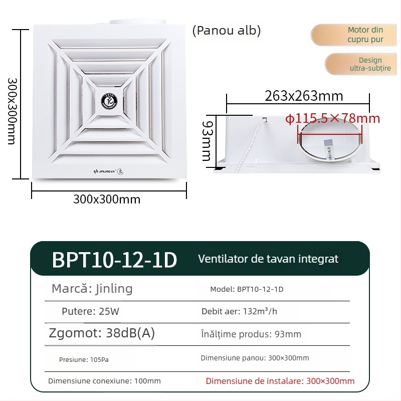 Golden Ling ventilator de evacuare încorporat în tavan, ultra-subțire, 300x300 mm, bucătărie și baie, model BPT10-12-1D, carcasă ABS, control mecanic