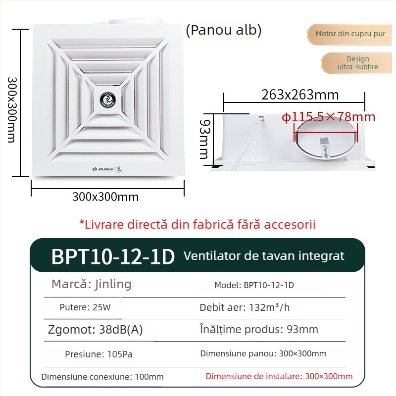 Golden Ling ventilator de evacuare încorporat în tavan, ultra-subțire, 300x300 mm, bucătărie și baie, model BPT10-12-1D, carcasă ABS, control mecanic