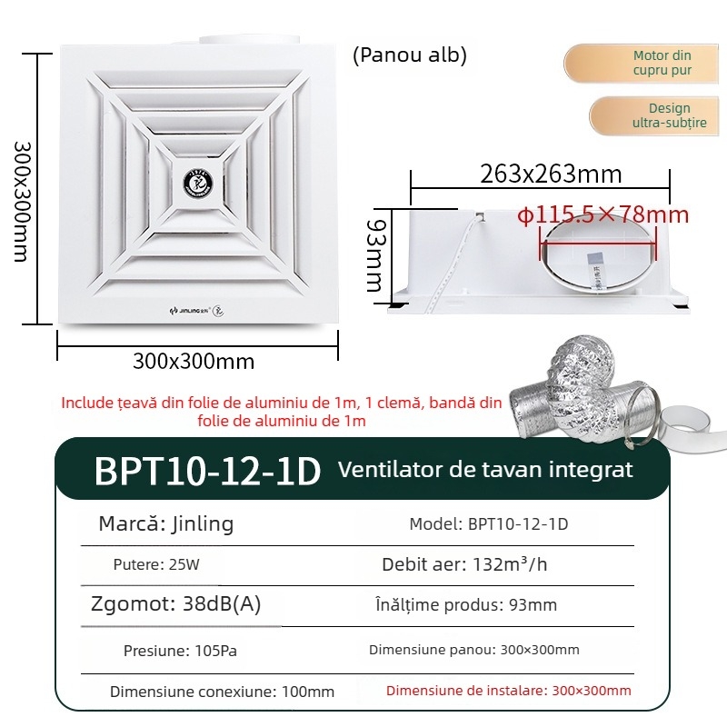 Golden Ling ventilator de evacuare încorporat în tavan, ultra-subțire, 300x300 mm, bucătărie și baie, model BPT10-12-1D, carcasă ABS, control mecanic