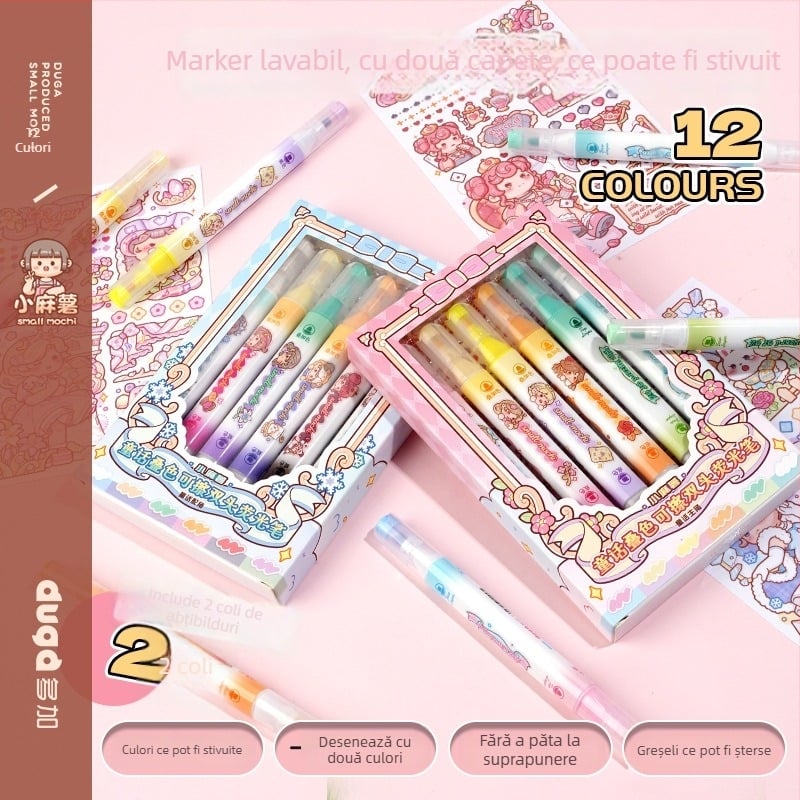 Small Mochi 6-pack marker cu capete duale ștersibil pentru elevi