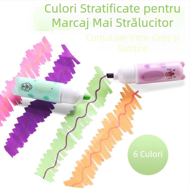 Marker de evidențiere cu temă pisică, marker color pentru notițe și jurnal, vârf înclinat, protecție pentru ochi