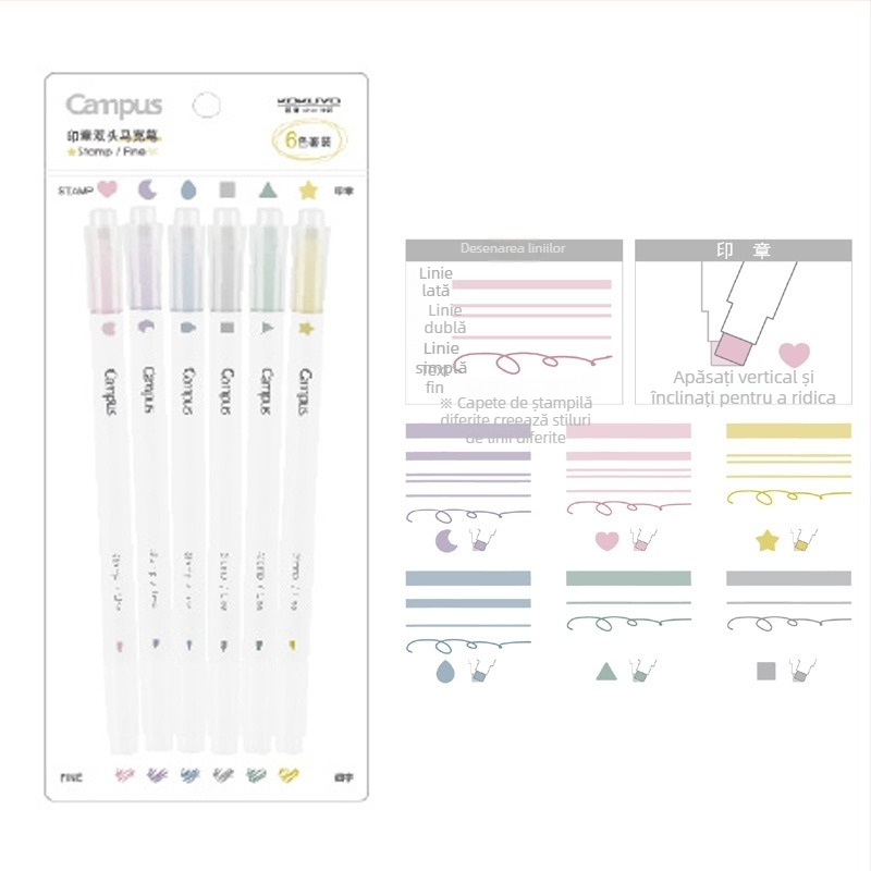 Set de 6 markere highlighter Kokuyo cu capete duble, pentru elevi, markere colorate
