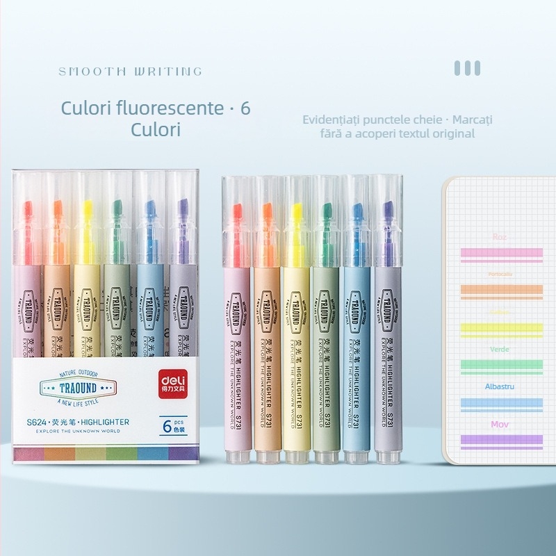 Deli marker fluorescenț pentru elevi, marker color pentru evidențiere, stilou special pentru jurnal în paleta Morandi