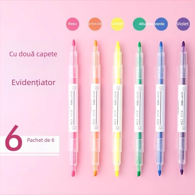 Set de 6 culori, markere Highlighter cu vârf dublu pentru manuale și note