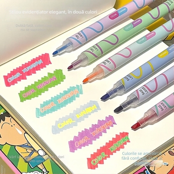 Marker highlighter dublu cu două culori, pentru evidențierea notelor în clasă și desen, set de 6 bucăți, model 858, carcasă din plastic, neșters, imprimare logo disponibil