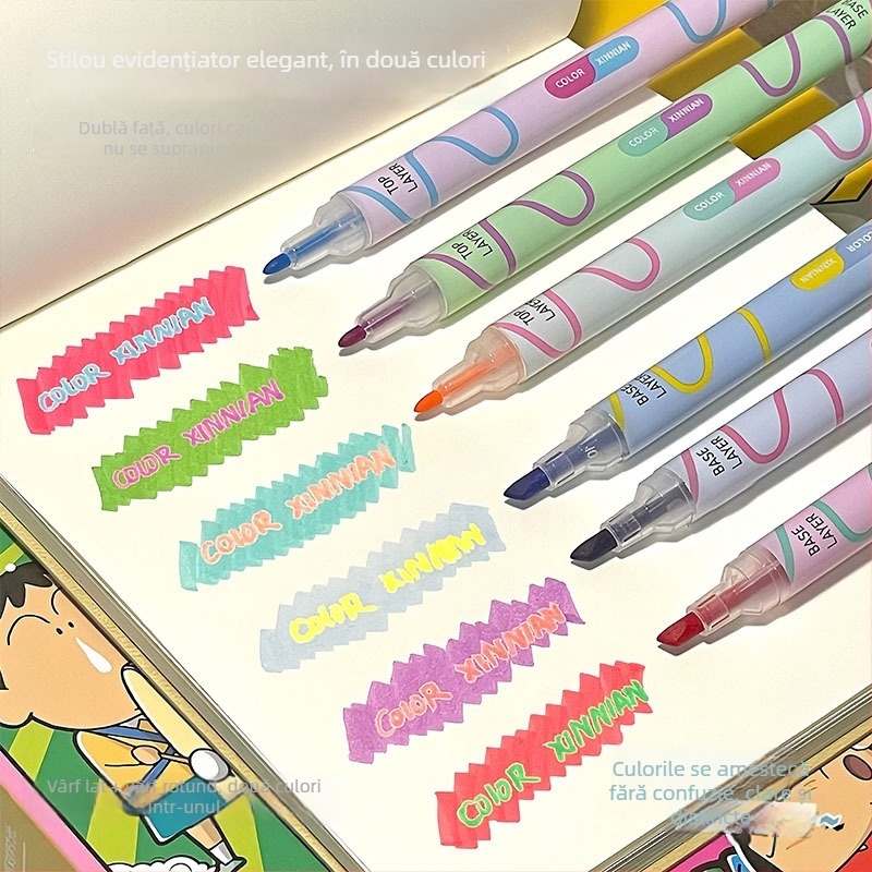 Marker highlighter dublu cu două culori, pentru evidențierea notelor în clasă și desen, set de 6 bucăți, model 858, carcasă din plastic, neșters, imprimare logo disponibil
