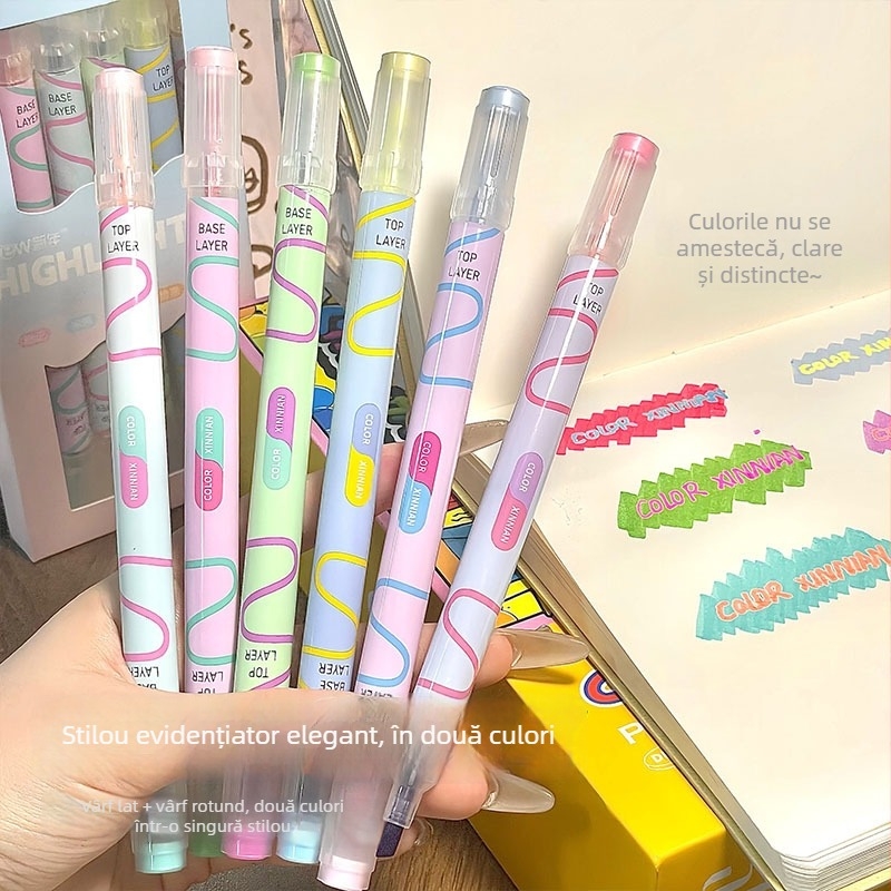 Marker highlighter dublu cu două culori, pentru evidențierea notelor în clasă și desen, set de 6 bucăți, model 858, carcasă din plastic, neșters, imprimare logo disponibil
