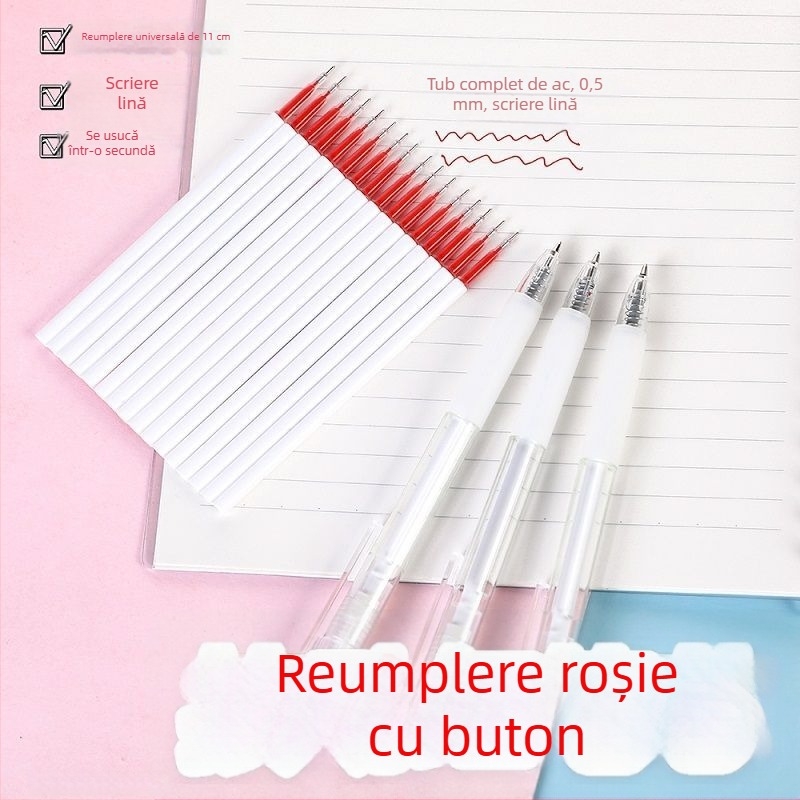 Reîncărcător pentru pix roșu 0,5 mm, vârf tip glonț, tip apăsat, scriere lină, uscare rapidă, pentru birou