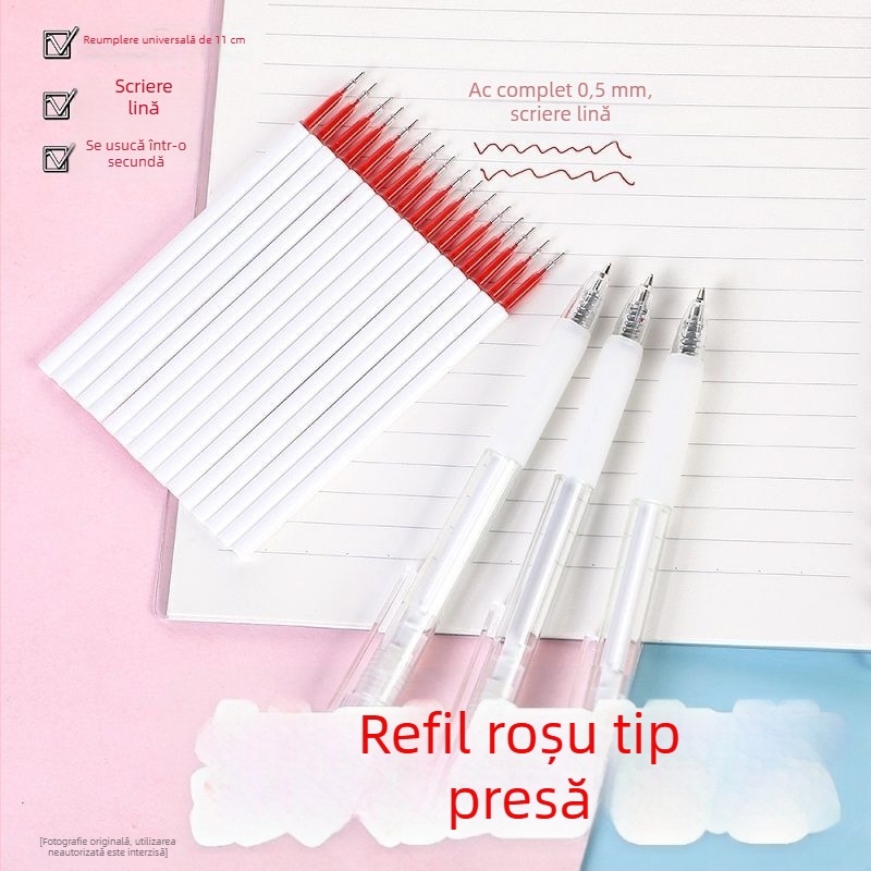 Reîncărcător pentru pix roșu 0,5 mm, vârf tip glonț, tip apăsat, scriere lină, uscare rapidă, pentru birou
