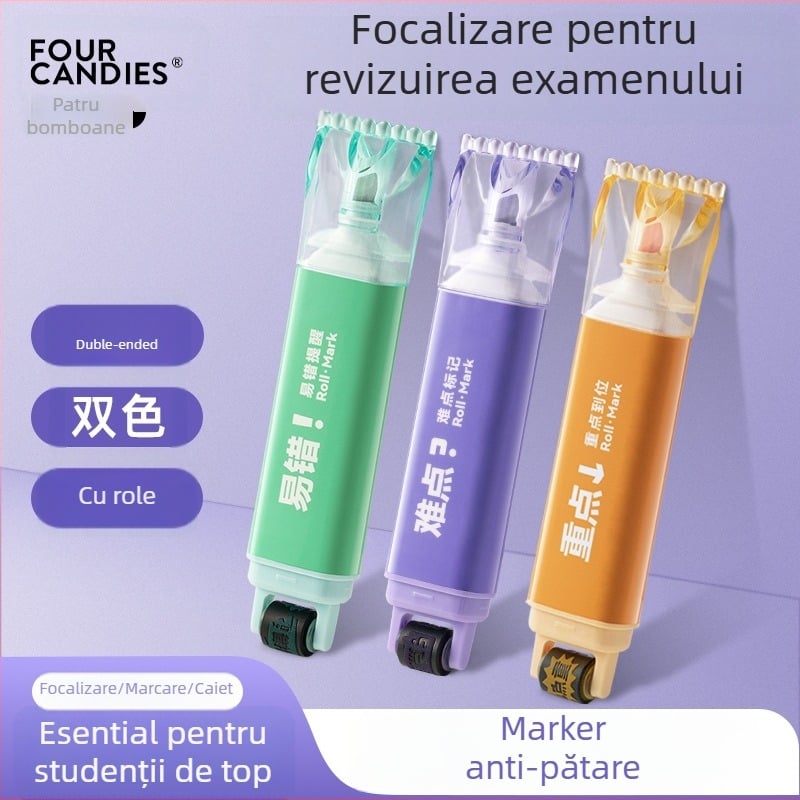Patru markere highlighter cu două capete pentru elevi din învățământul primar, netoxice, colorate