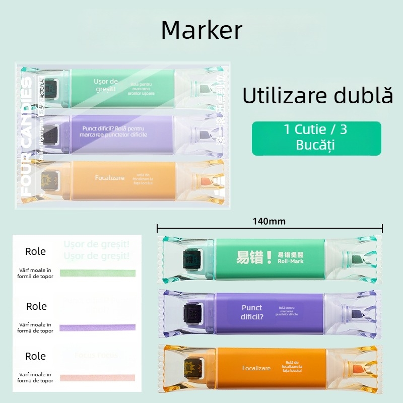Patru markere highlighter cu două capete pentru elevi din învățământul primar, netoxice, colorate