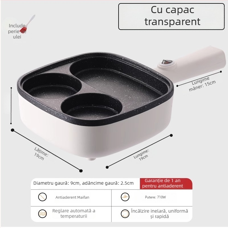 Tigaie plată antiaderentă electrică pentru ouă și burgeri, tigaie de mic dejun 3-în-1, patru găuri pentru ouă