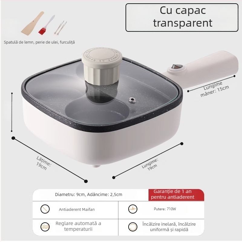 Tigaie plată antiaderentă electrică pentru ouă și burgeri, tigaie de mic dejun 3-în-1, patru găuri pentru ouă