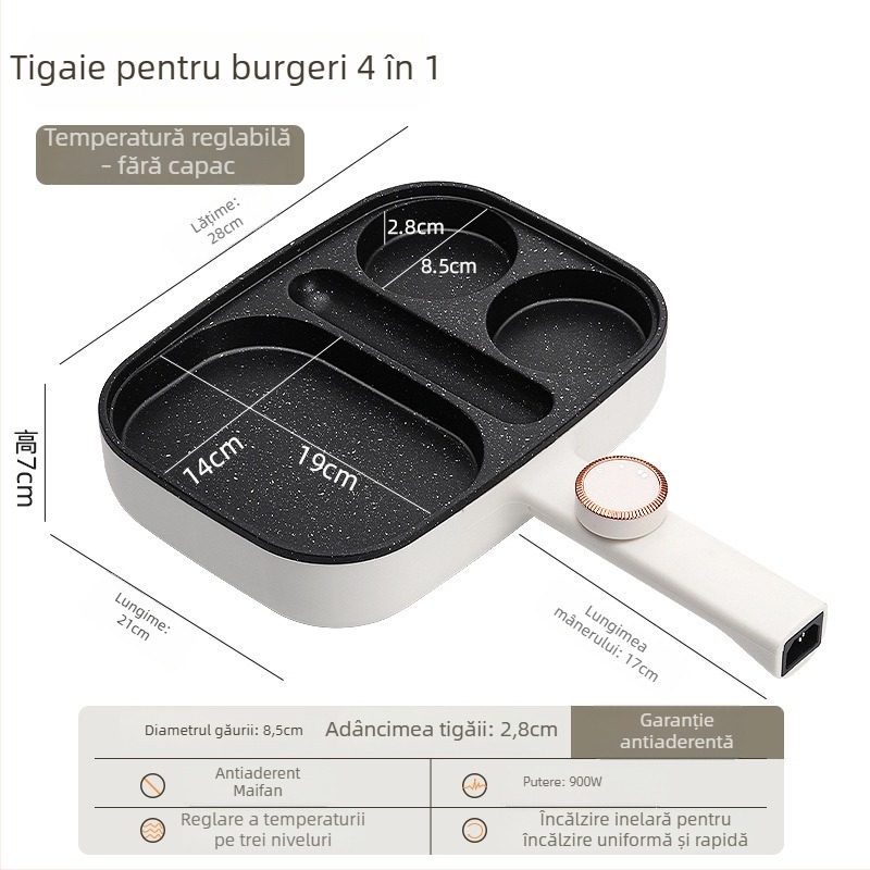 Tigaie plată antiaderentă electrică pentru ouă și burgeri, tigaie de mic dejun 3-în-1, patru găuri pentru ouă