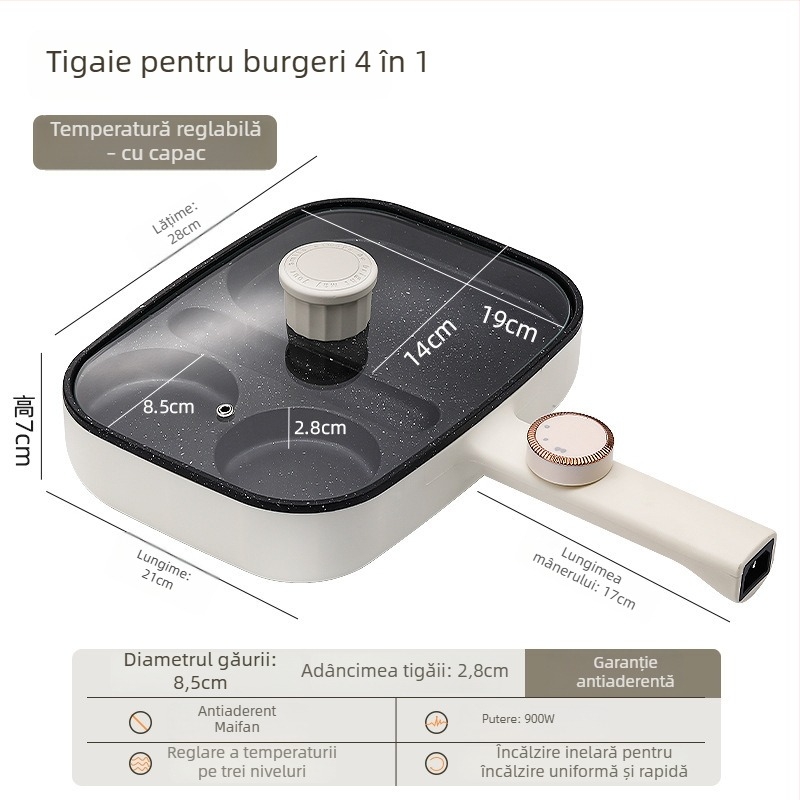 Tigaie plată antiaderentă electrică pentru ouă și burgeri, tigaie de mic dejun 3-în-1, patru găuri pentru ouă