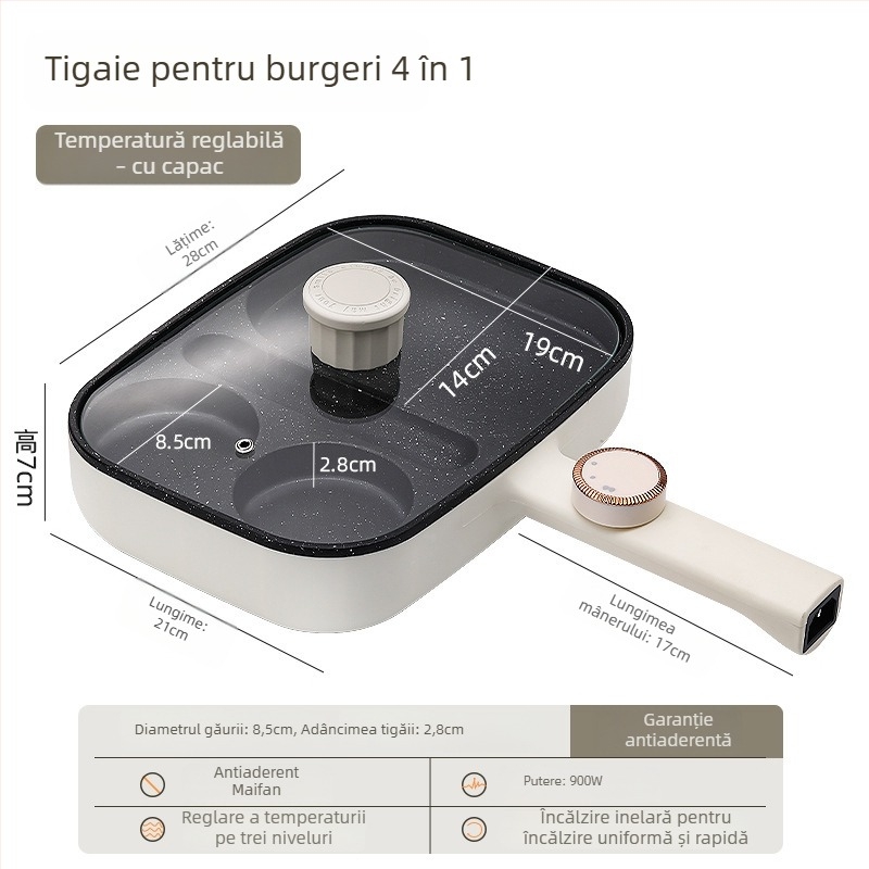 Tigaie plată antiaderentă electrică pentru ouă și burgeri, tigaie de mic dejun 3-în-1, patru găuri pentru ouă