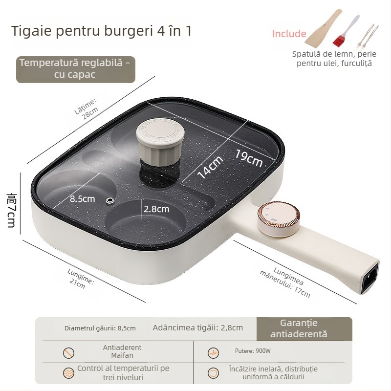 Tigaie plată antiaderentă electrică pentru ouă și burgeri, tigaie de mic dejun 3-în-1, patru găuri pentru ouă