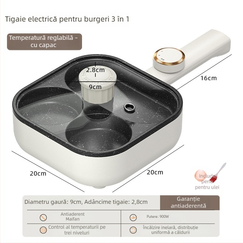 Tigaie plată antiaderentă electrică pentru ouă și burgeri, tigaie de mic dejun 3-în-1, patru găuri pentru ouă