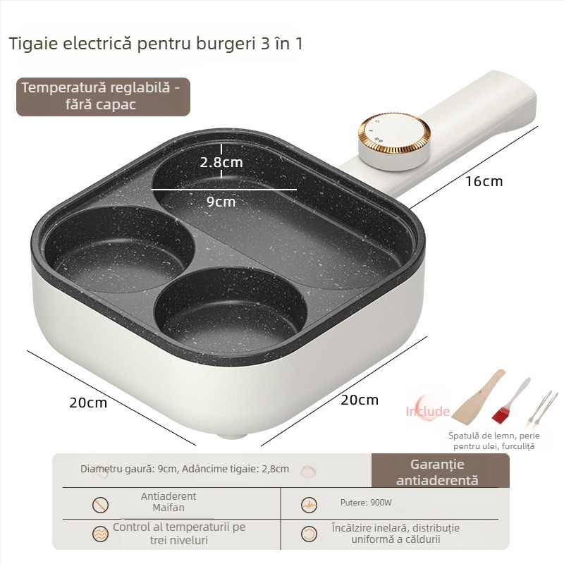 Tigaie plată antiaderentă electrică pentru ouă și burgeri, tigaie de mic dejun 3-în-1, patru găuri pentru ouă