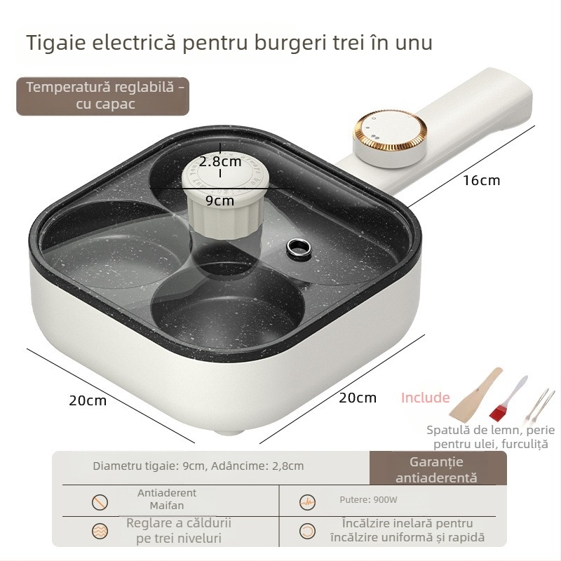 Tigaie plată antiaderentă electrică pentru ouă și burgeri, tigaie de mic dejun 3-în-1, patru găuri pentru ouă