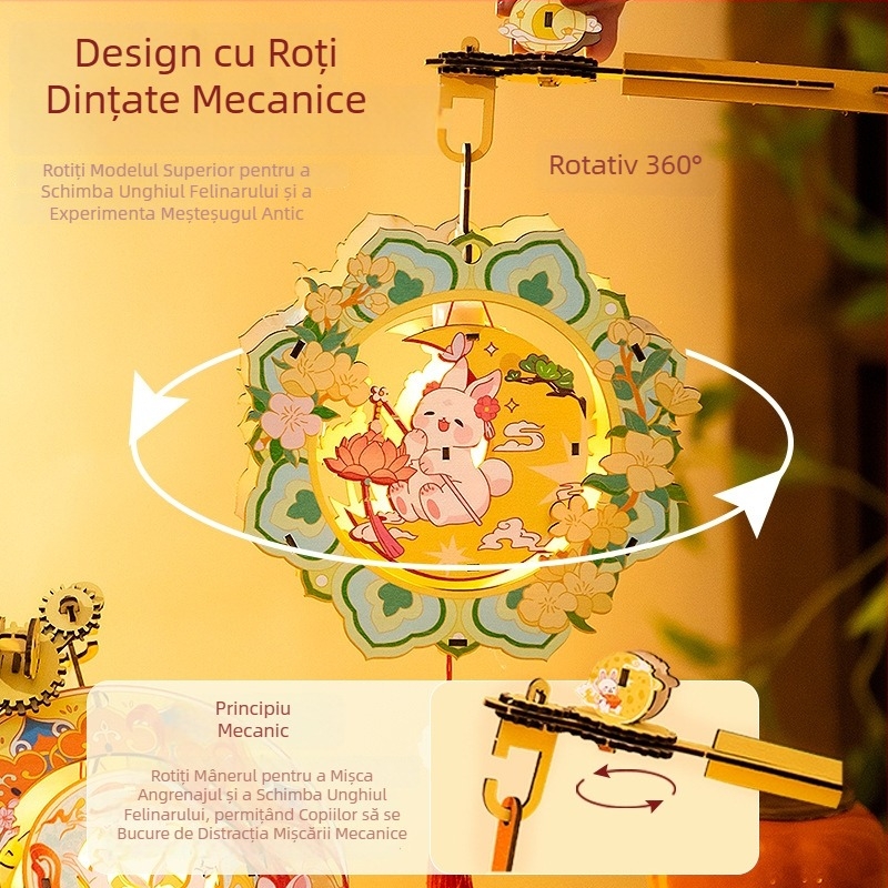 Felinar din lemn, portabil, rotativ, cu motiv iepuraș – kit DIY pentru realizarea felinarului