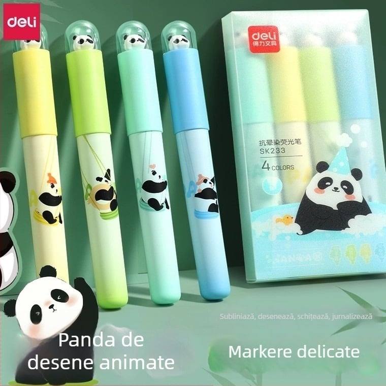 Set de markere pentru evidențiere Deli SK233 Panda – culori vii, drăguțe, pentru elevi, jurnal și notițe