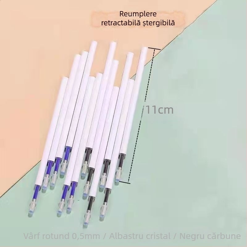 Cartuș de cerneală pentru stilou cu apăsare pentru ștergere, albastru cristal, sensibil la căldură, vârf de 0.5 mm cu bilă, negru cărbune, gumă magică, neutră