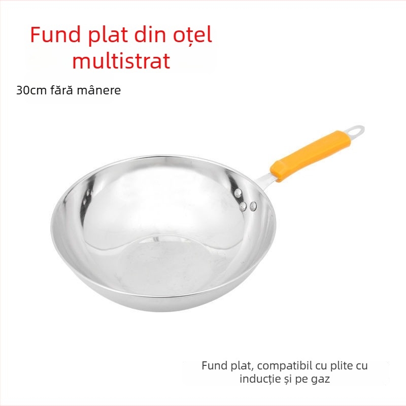 Wok din oțel inoxidabil, fără acoperire, pentru uz casnic, fără fum — compatibil cu plitele cu inducție și gaz