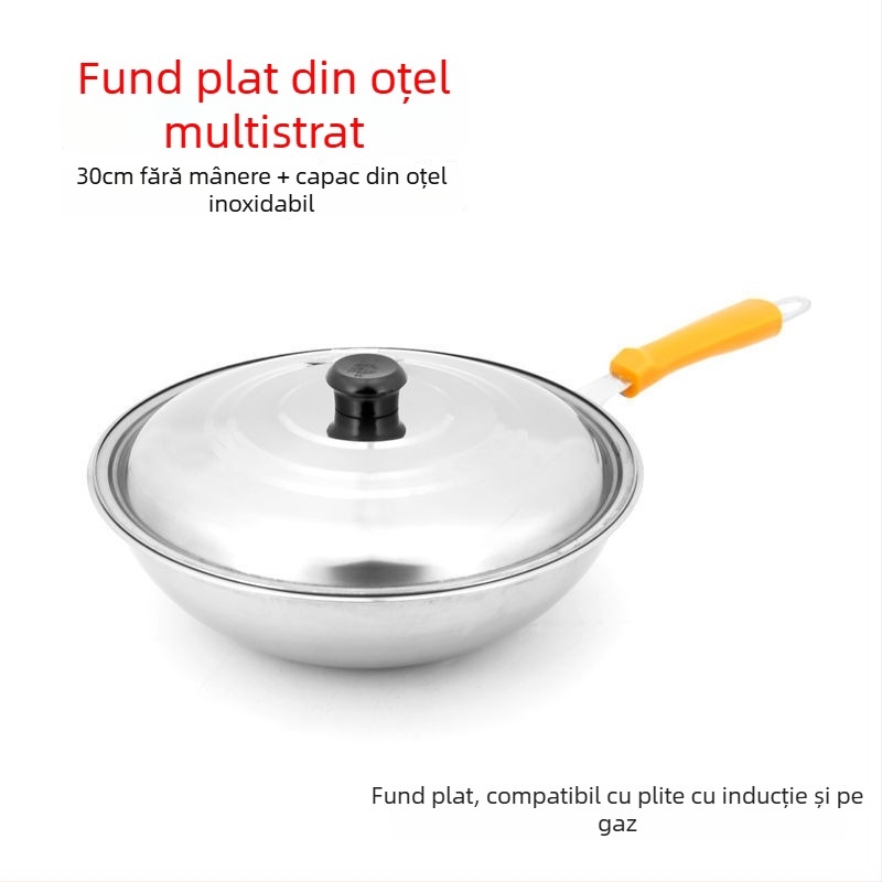 Wok din oțel inoxidabil, fără acoperire, pentru uz casnic, fără fum — compatibil cu plitele cu inducție și gaz