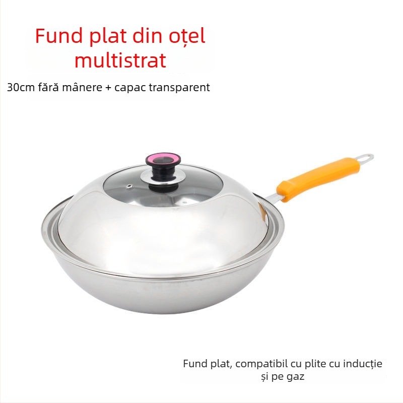 Wok din oțel inoxidabil, fără acoperire, pentru uz casnic, fără fum — compatibil cu plitele cu inducție și gaz