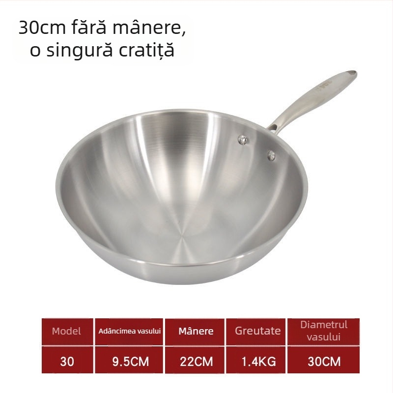 Wok din oțel inoxidabil, fără acoperire, pentru uz casnic, fără fum — compatibil cu plitele cu inducție și gaz