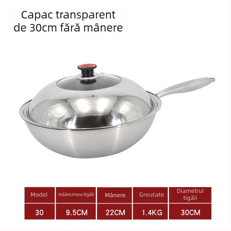 Wok din oțel inoxidabil, fără acoperire, pentru uz casnic, fără fum — compatibil cu plitele cu inducție și gaz