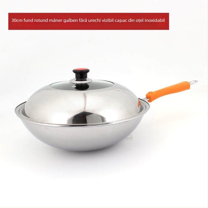 Wok din oțel inoxidabil, fără acoperire, pentru uz casnic, fără fum — compatibil cu plitele cu inducție și gaz