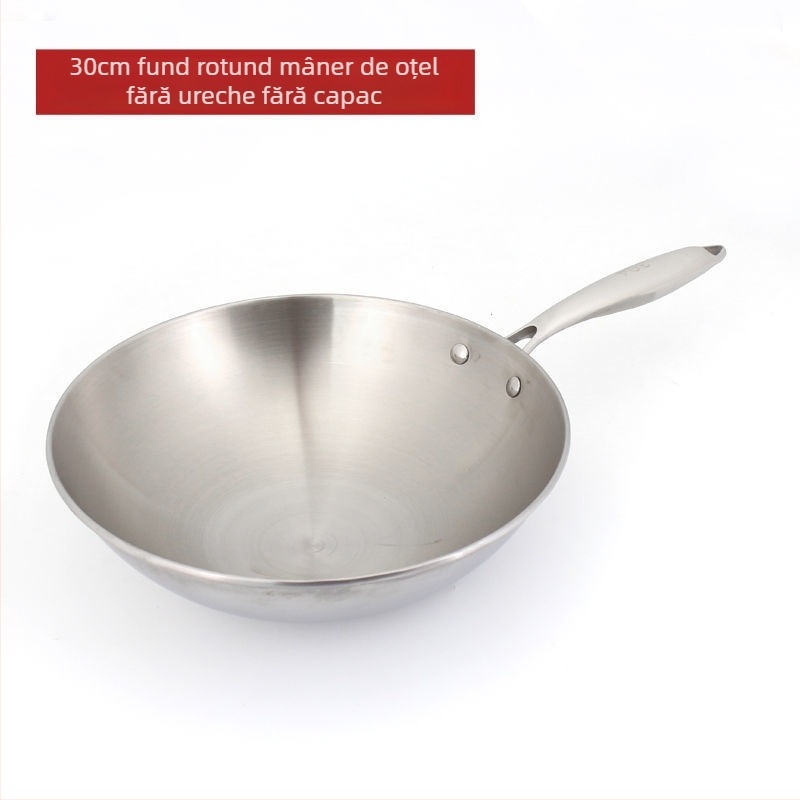 Wok din oțel inoxidabil, fără acoperire, pentru uz casnic, fără fum — compatibil cu plitele cu inducție și gaz