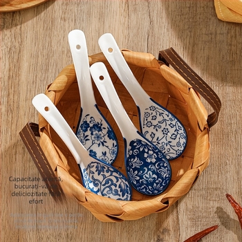 Lingură ceramică albastru-albă, stil japonez, cu model floral, capacitate mare pentru amestecare în bucătărie