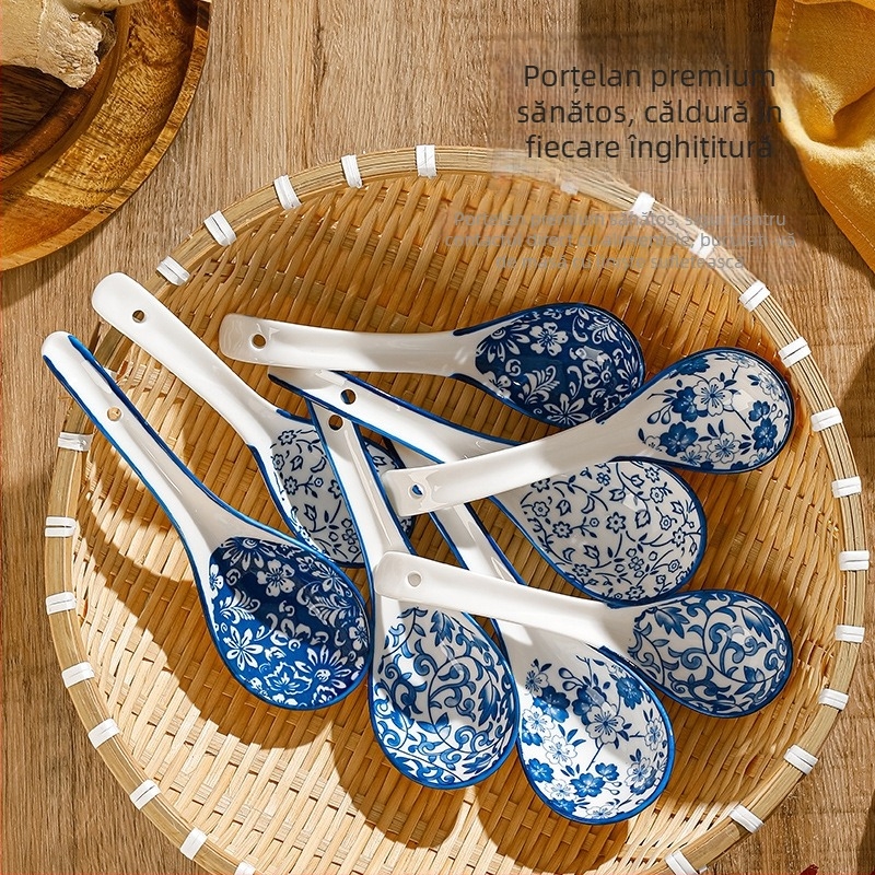 Lingură ceramică albastru-albă, stil japonez, cu model floral, capacitate mare pentru amestecare în bucătărie