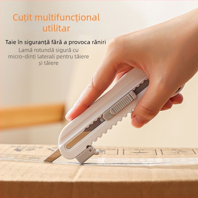 Cuțit multifuncțional pentru birou cu lamă zimțată antiaderentă, deschizător de cutii cu riglă de măsurare, mini cutter portabil