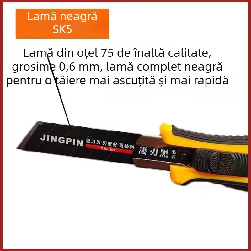 Cuțit universal mare, lamă neagră, pentru deschiderea coletelor, tăierea hârtiei și a tapetelor, din oțel cu carbon înalt, multifuncțional
