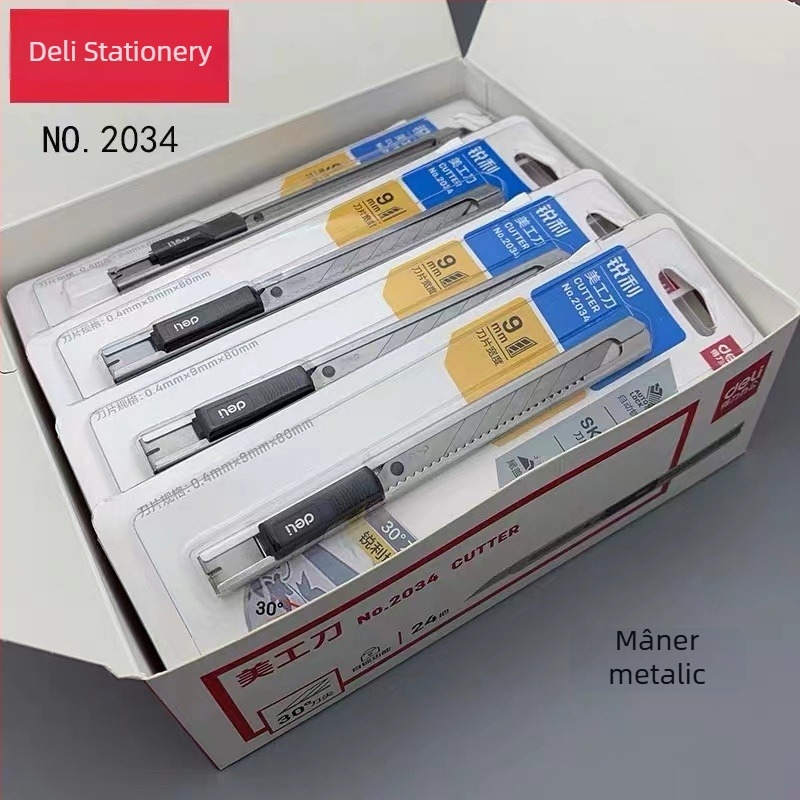 Deli 2034 Cuțit pentru artă, pentru studenți și uz industrial, lamă din oțel inoxidabil, tăierea hârtiei și a tapetelor, corp din oțel integral, dimensiune mică