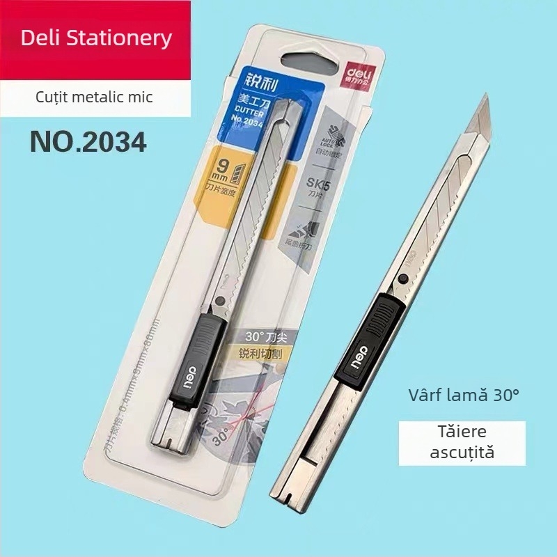 Deli 2034 Cuțit pentru artă, pentru studenți și uz industrial, lamă din oțel inoxidabil, tăierea hârtiei și a tapetelor, corp din oțel integral, dimensiune mică
