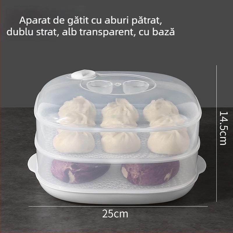 Cutie cu aburi pentru microunde, cu capac — tavă multistrat pentru aburi, pentru chifle, mâncăruri și mese