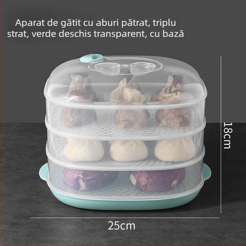 Cutie cu aburi pentru microunde, cu capac — tavă multistrat pentru aburi, pentru chifle, mâncăruri și mese