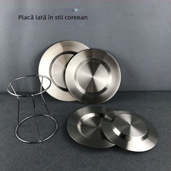 Set de farfurii rotunde din oțel inoxidabil pentru grătar, cu margini drepte și late, în stil coreean; include farfurie pentru paste, farfurie pentru desert și farfurie plată în stil occidental.
