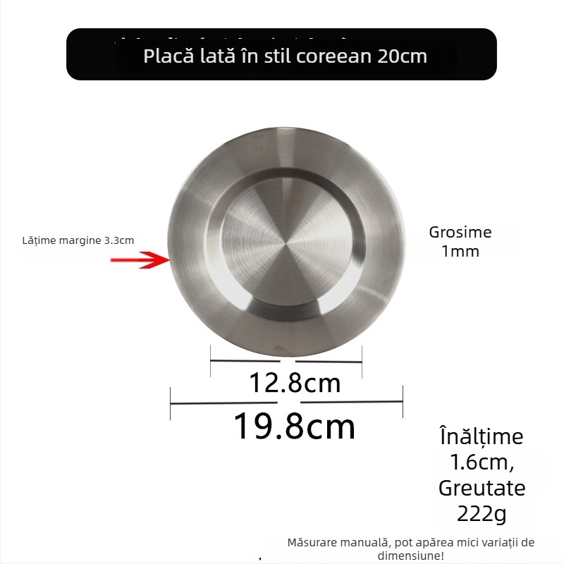 Set de farfurii rotunde din oțel inoxidabil pentru grătar, cu margini drepte și late, în stil coreean; include farfurie pentru paste, farfurie pentru desert și farfurie plată în stil occidental.