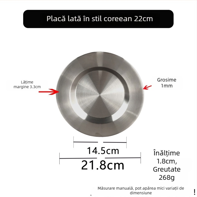 Set de farfurii rotunde din oțel inoxidabil pentru grătar, cu margini drepte și late, în stil coreean; include farfurie pentru paste, farfurie pentru desert și farfurie plată în stil occidental.