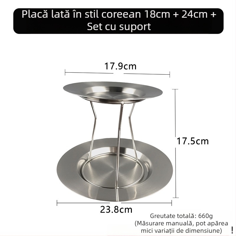 Set de farfurii rotunde din oțel inoxidabil pentru grătar, cu margini drepte și late, în stil coreean; include farfurie pentru paste, farfurie pentru desert și farfurie plată în stil occidental.
