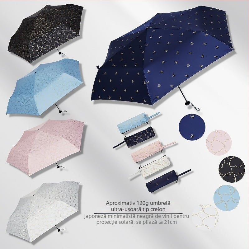 Umbrelă Feather pliabilă, ultraușoară, design compact cu patru segmente, protecție UV UPF50+, cadru din aluminiu, mâner din cauciuc, deschidere manuală, pentru adulți, cu husă pentru creion