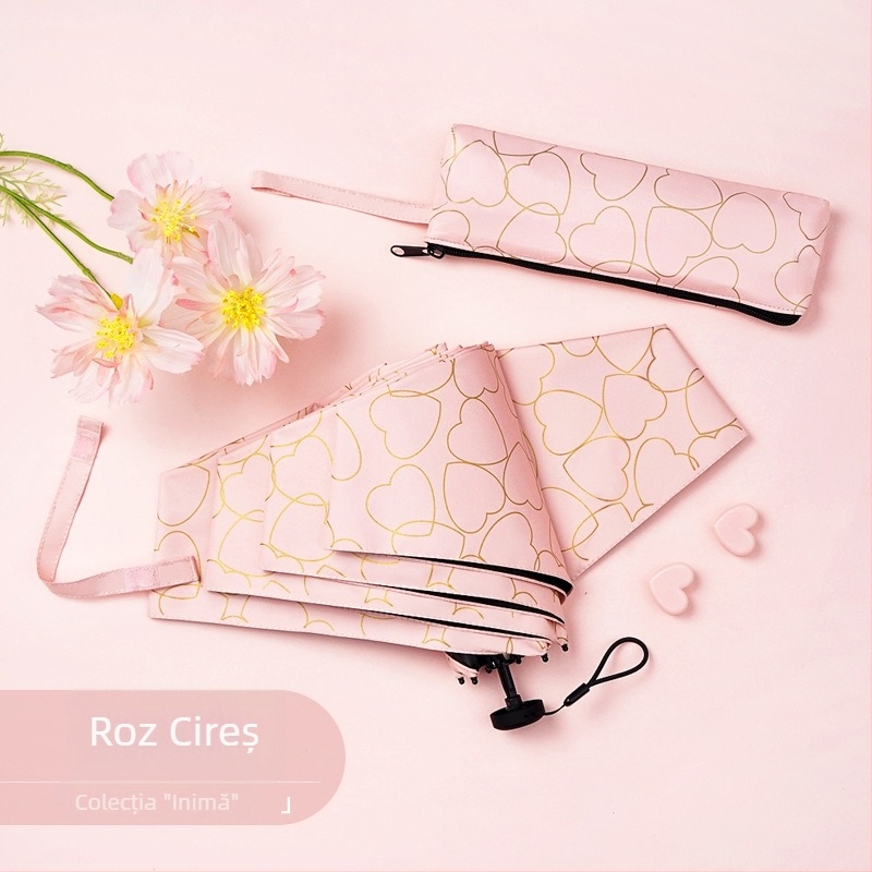 Umbrelă Feather pliabilă, ultraușoară, design compact cu patru segmente, protecție UV UPF50+, cadru din aluminiu, mâner din cauciuc, deschidere manuală, pentru adulți, cu husă pentru creion