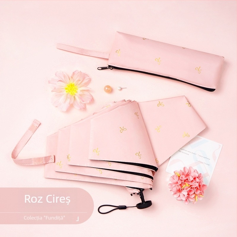 Umbrelă Feather pliabilă, ultraușoară, design compact cu patru segmente, protecție UV UPF50+, cadru din aluminiu, mâner din cauciuc, deschidere manuală, pentru adulți, cu husă pentru creion